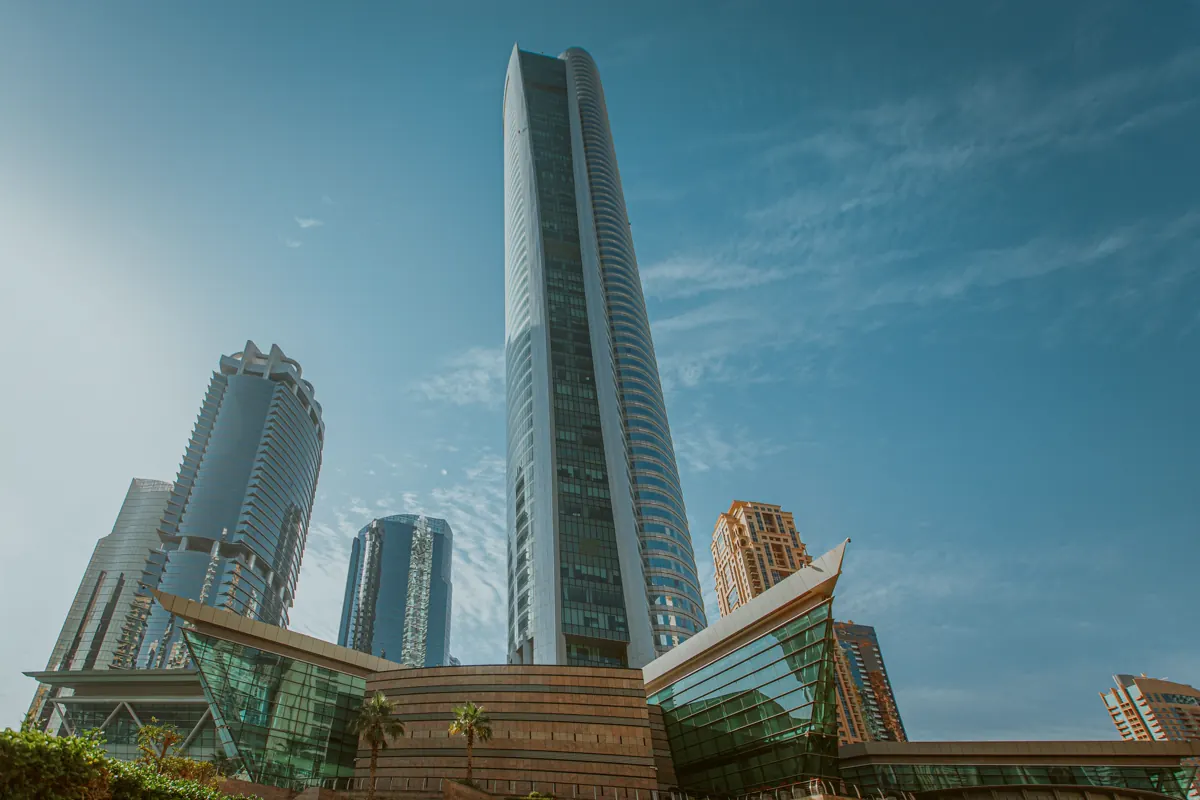 Almas Tower among the Jumeirah Lakes Towers skyline in Dubai